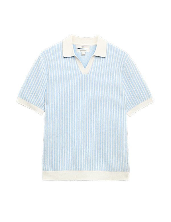 Boucle Striped Open Neck Knitted Polo Shirt