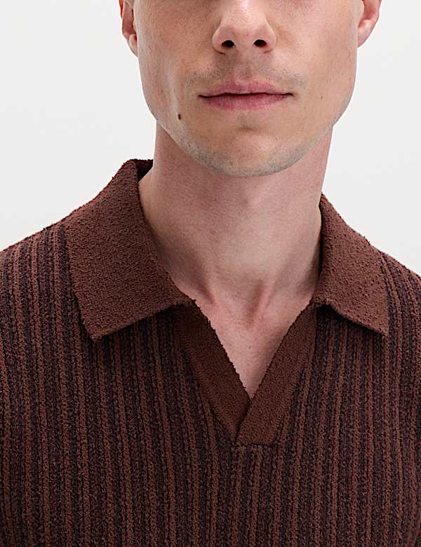 Boucle Striped Open Neck Knitted Polo Shirt - AL