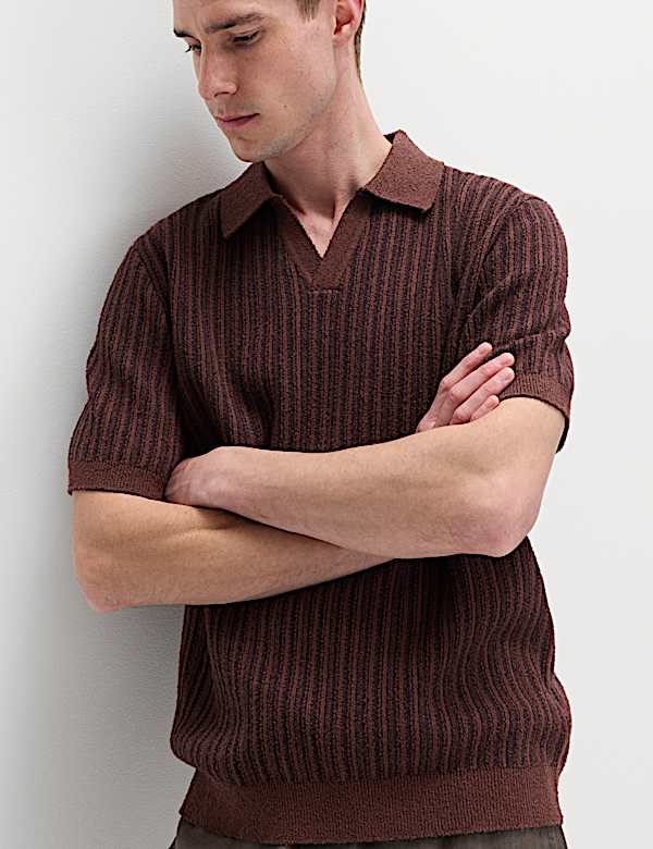 Boucle Striped Open Neck Knitted Polo Shirt - AL