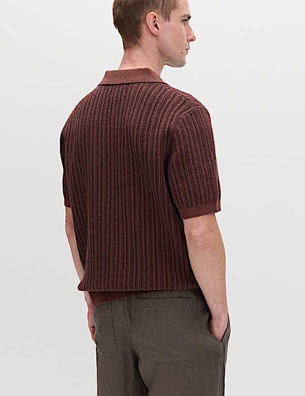 Boucle Striped Open Neck Knitted Polo Shirt - AL