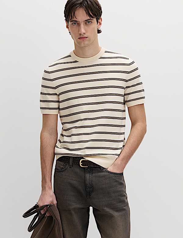 T-shirt Homme Marks & Spencer Manches Courtes, Noir Rayé, Taille M, Coton Modal