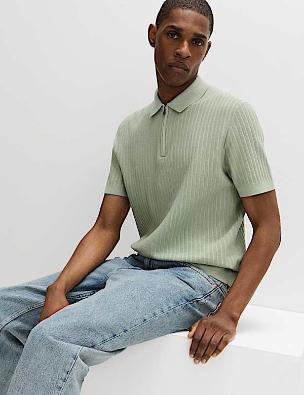 Cotton Rich Ribbed Knitted Zip Up Polo Shirt