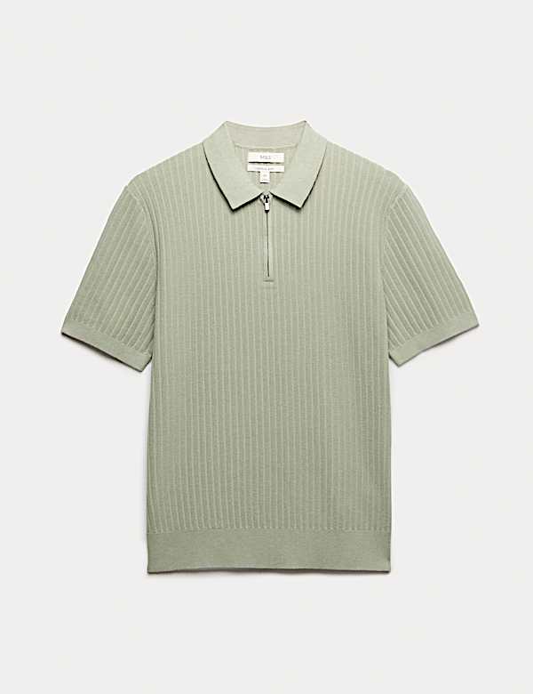 Cotton Rich Ribbed Knitted Zip Up Polo Shirt - PT