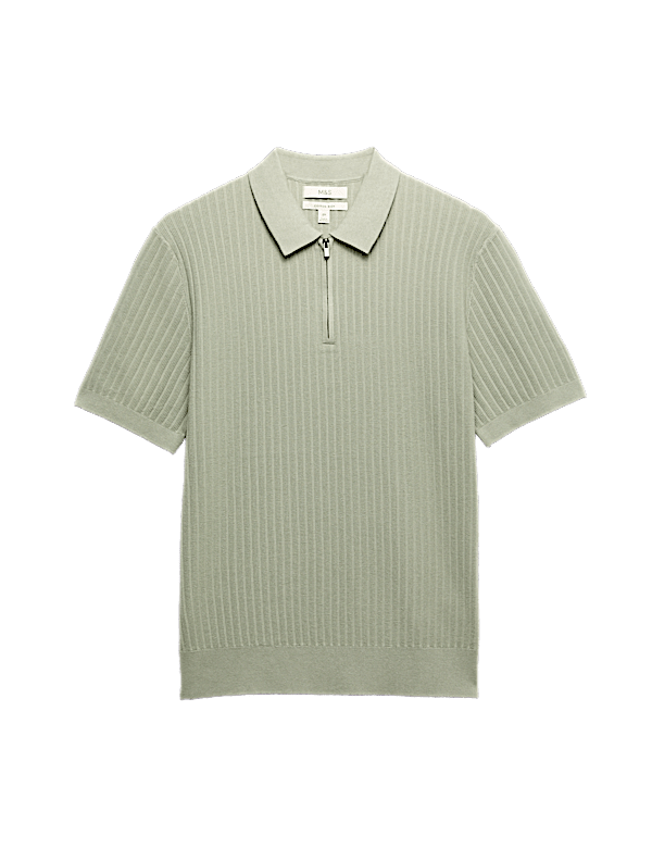 Cotton Rich Ribbed Knitted Zip Up Polo Shirt