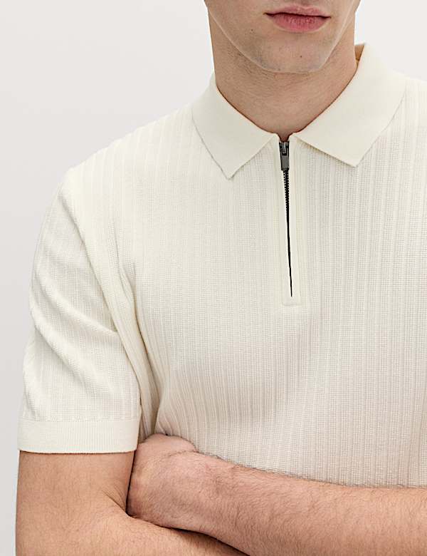 Cotton Rich Ribbed Knitted Zip Up Polo Shirt