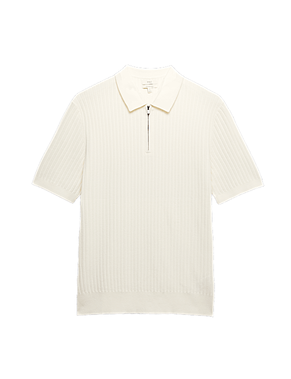 Cotton Rich Ribbed Knitted Zip Up Polo Shirt