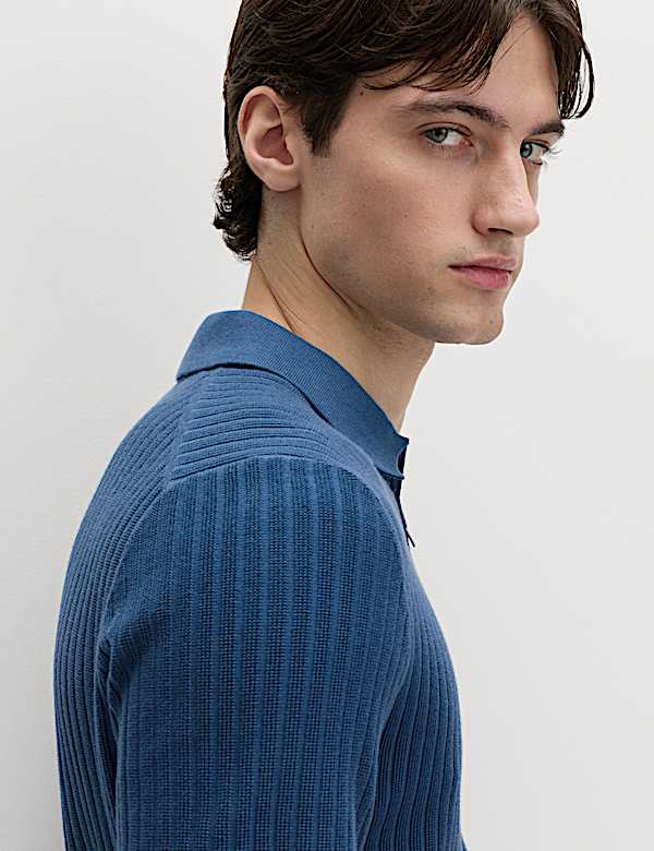 Cotton Rich Ribbed Knitted Zip Up Polo Shirt | DARK MARINE