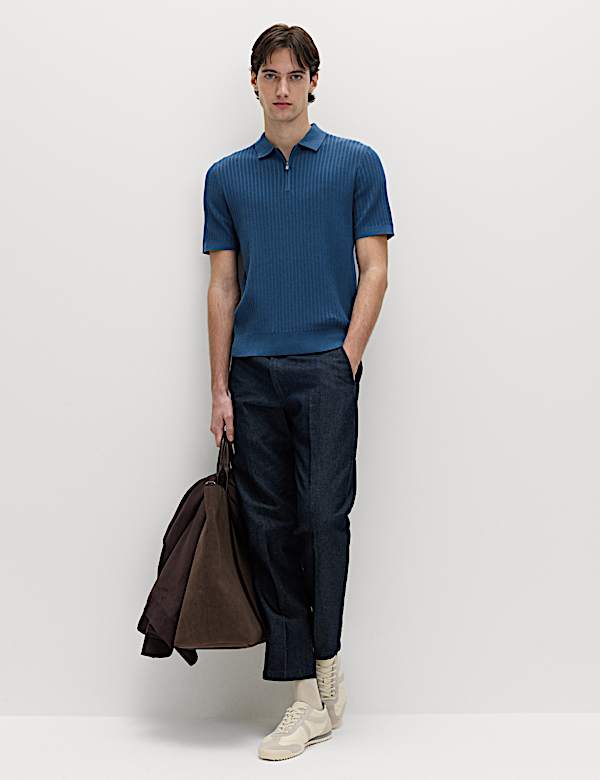 Polo en maille de coton c&ocirc;tel&eacute;e &agrave; encolure zipp&eacute;e - LU