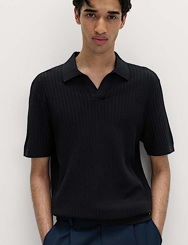 Cotton Rich Rib Texture Open Neck Polo Shirt