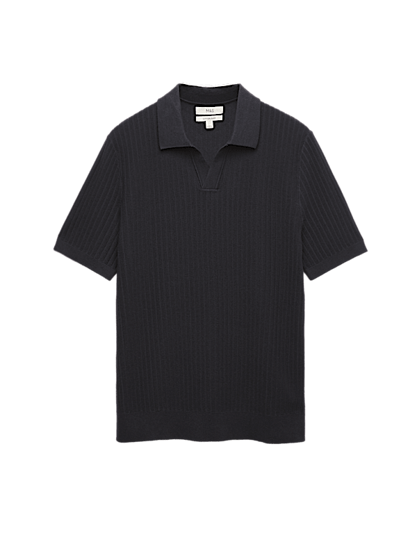Cotton Rich Rib Texture Open Neck Polo Shirt
