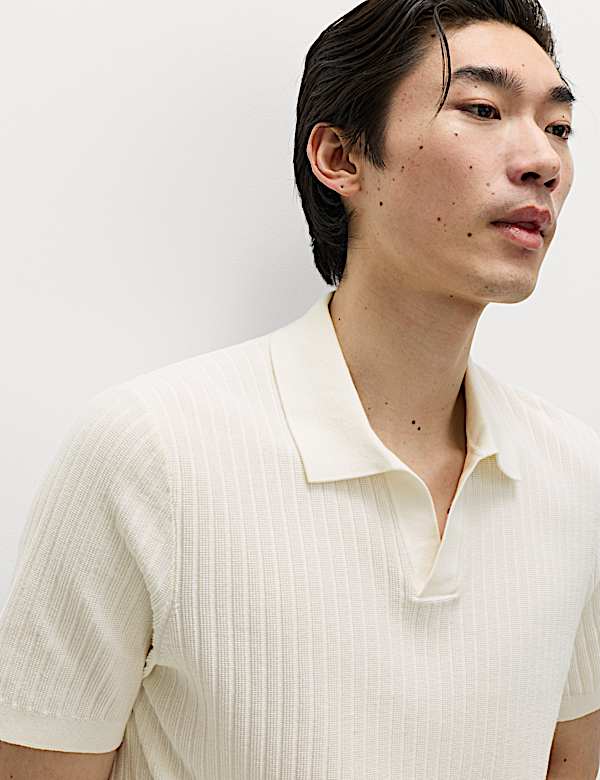 Cotton Rich Rib Texture Open Neck Polo Shirt - HU