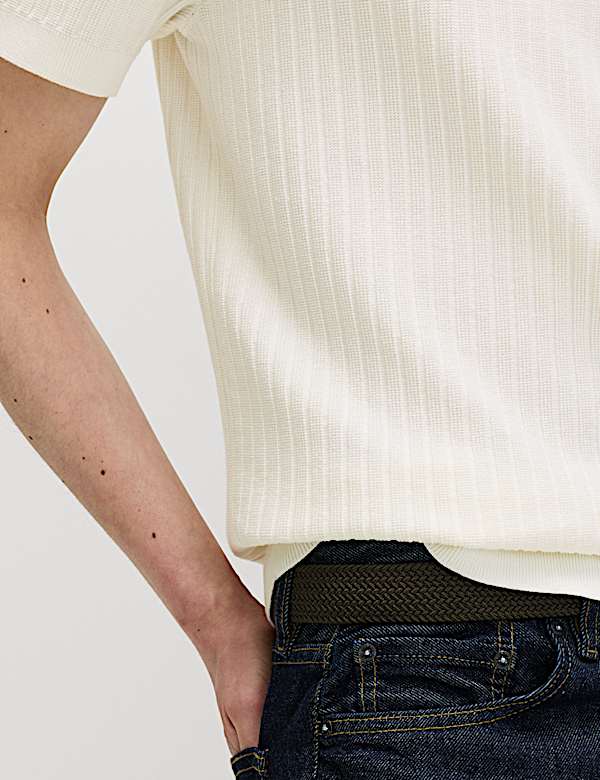 Cotton Rich Rib Texture Open Neck Polo Shirt - HU