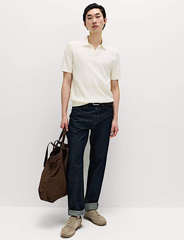 Cotton Rich Rib Texture Open Neck Polo Shirt - HU