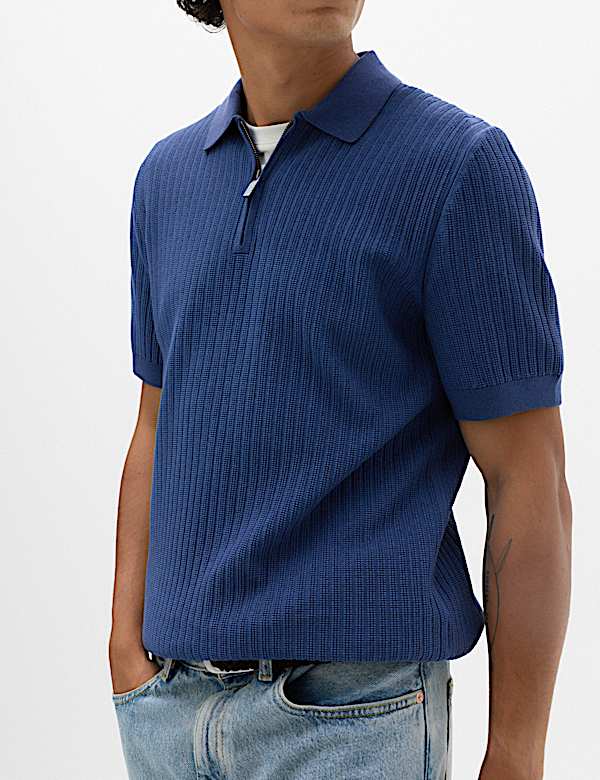 Cotton Blend Ribbed Zip Up Polo Shirt - CH