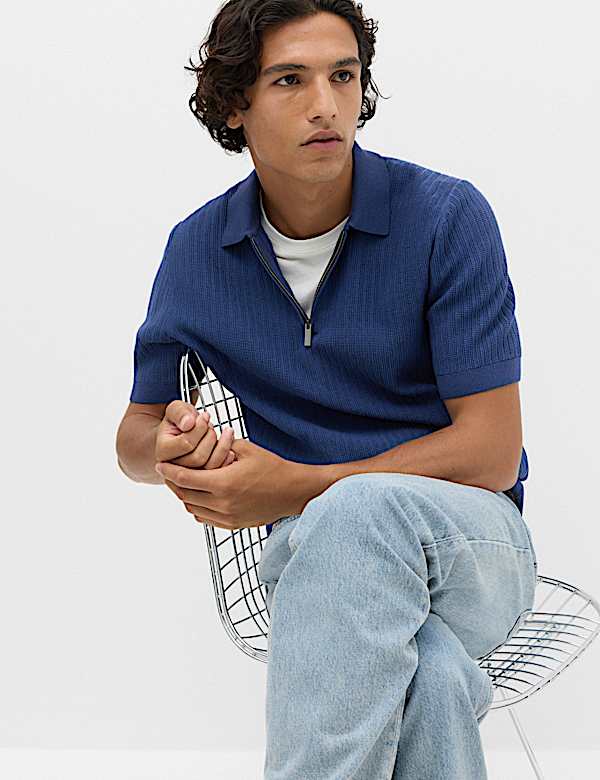 Cotton Blend Ribbed Zip Up Polo Shirt - CH