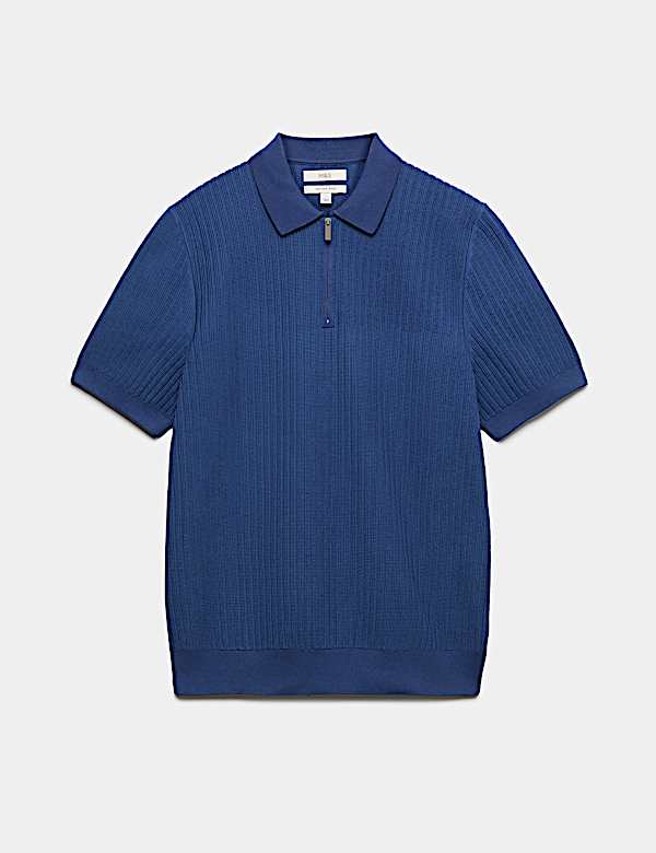 Cotton Blend Ribbed Zip Up Polo Shirt - CH