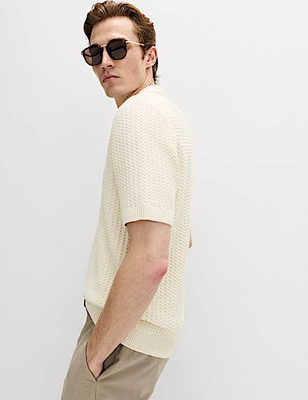 Pure Cotton Textured Knitted Polo Shirt - CN