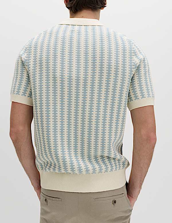 Pure Cotton Textured Striped Knitted Polo Shirt - GR