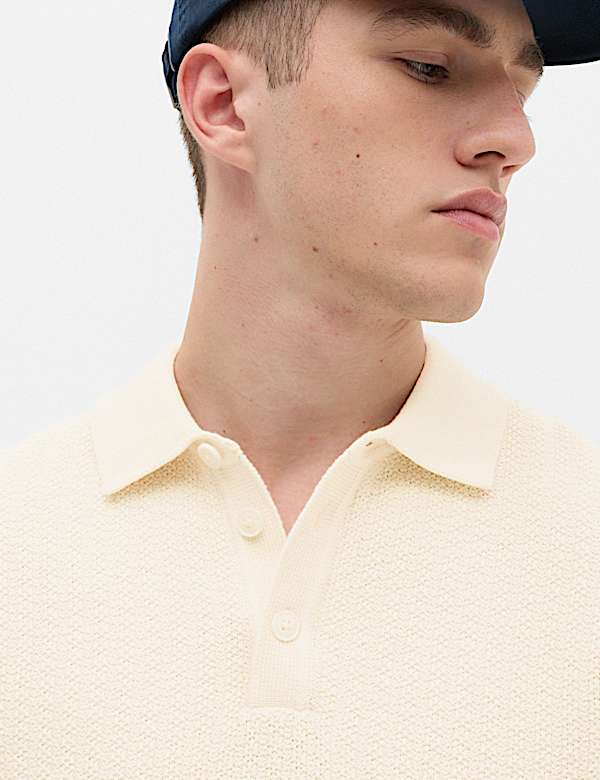 Pure Cotton Textured Striped Knitted Polo Shirt - IS