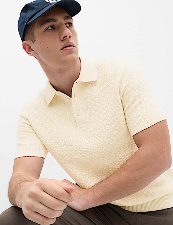 Pure Cotton Textured Striped Knitted Polo Shirt - IS