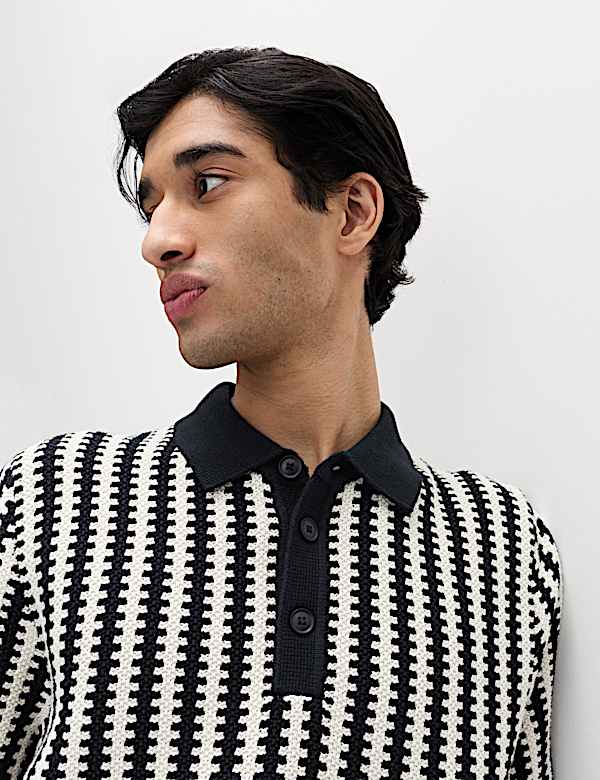 Pure Cotton Textured Striped Knitted Polo Shirt - SK