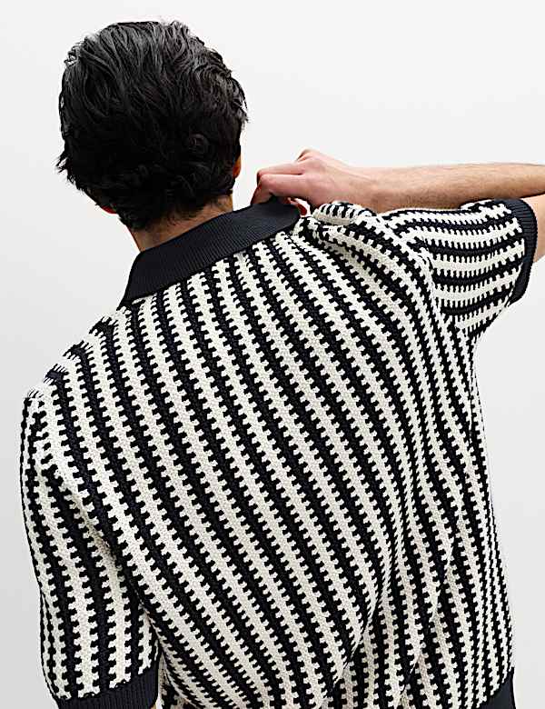 Pure Cotton Textured Striped Knitted Polo Shirt - SK
