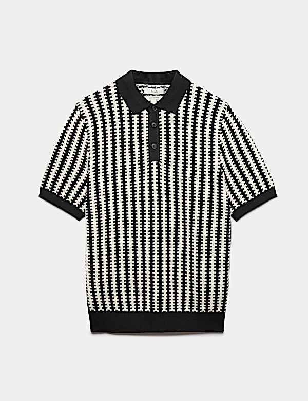 Pure Cotton Textured Striped Knitted Polo Shirt - SK