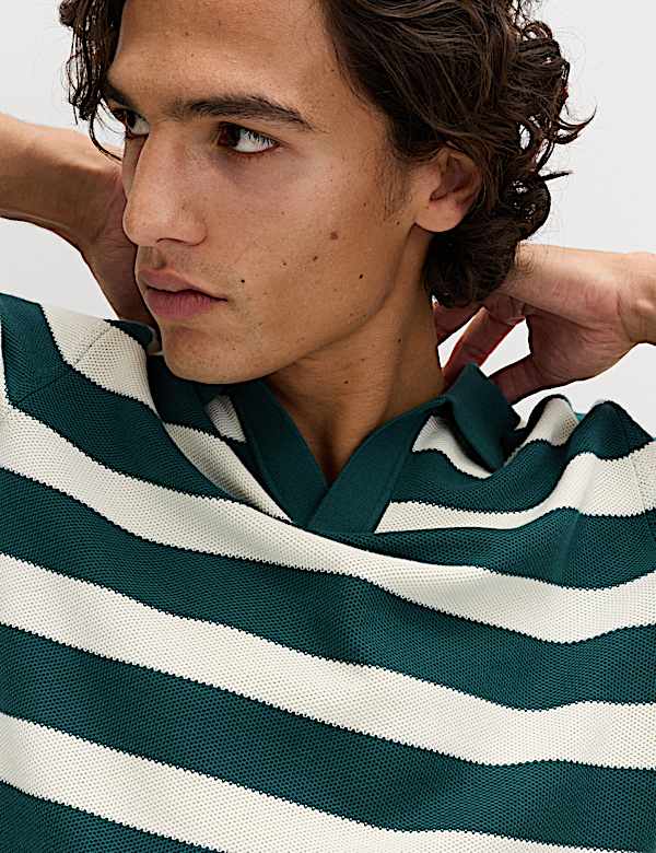 Pure Cotton Striped Knitted Polo Shirt - CN