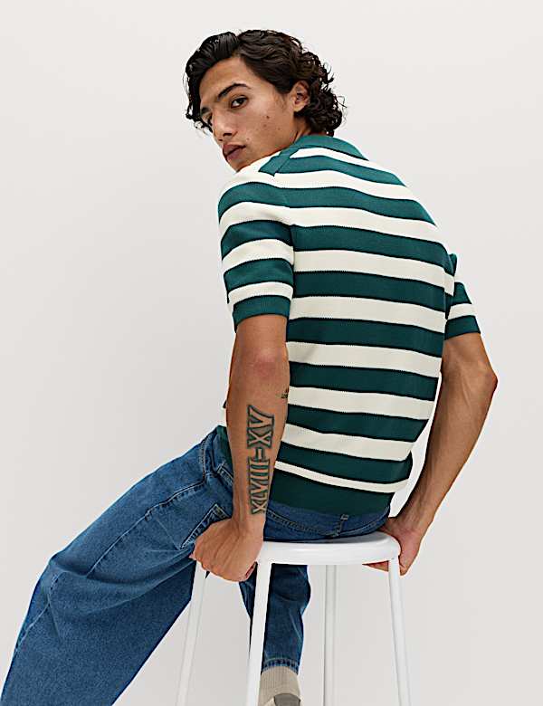 Pure Cotton Striped Knitted Polo Shirt - CN