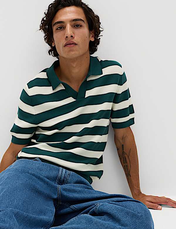 Pure Cotton Striped Knitted Polo Shirt - CN