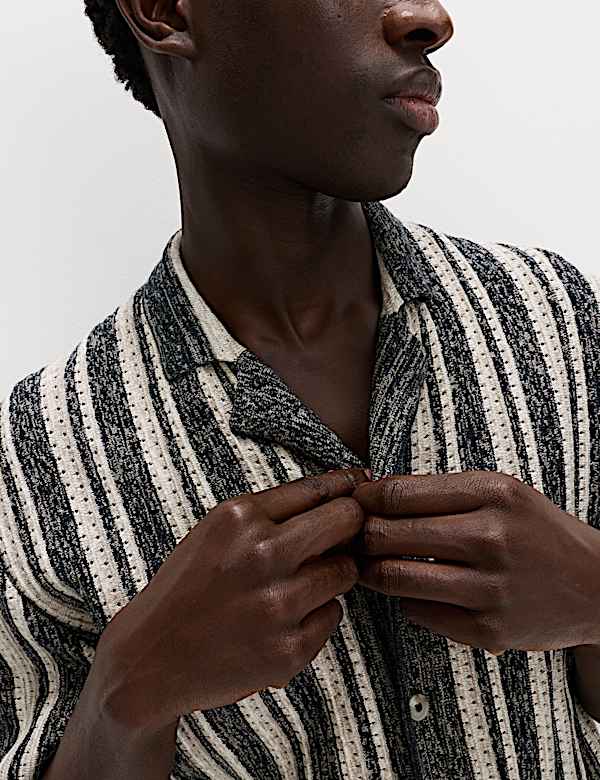 Cotton Textured Striped Knitted Polo Shirt - AT