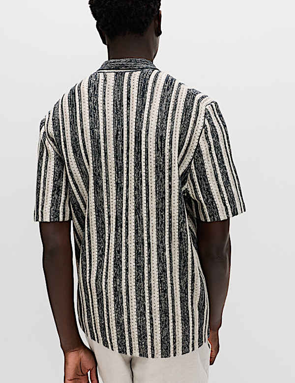 Cotton Textured Striped Knitted Polo Shirt - AT