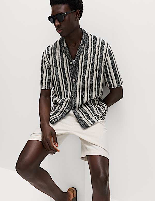 Cotton Textured Striped Knitted Polo Shirt - AT