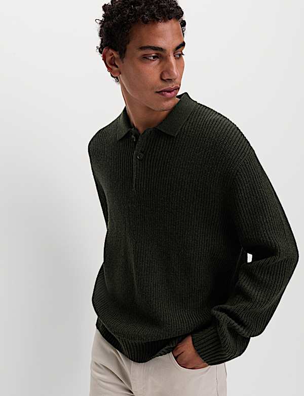 חולצת פולו סרוגה מתערובת צמר טלאים - IL