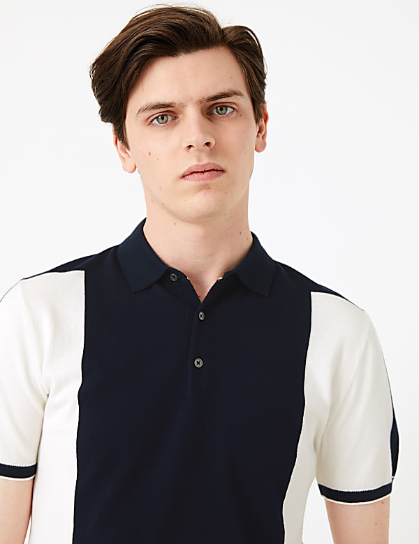 Cotton Colour Block Knitted Polo Shirt