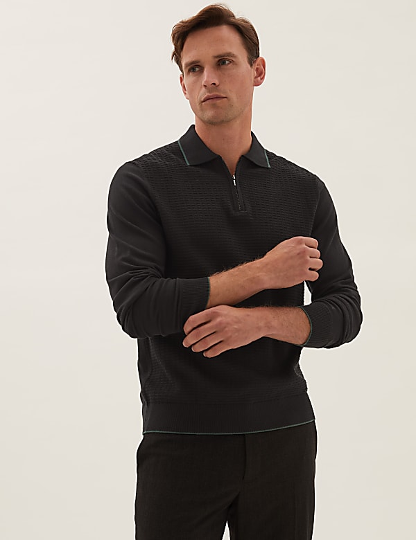 Cotton Textured Zip Neck Knitted Polo Shirt