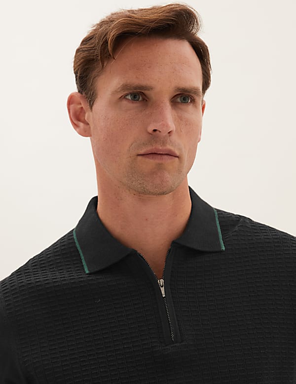Cotton Textured Zip Neck Knitted Polo Shirt