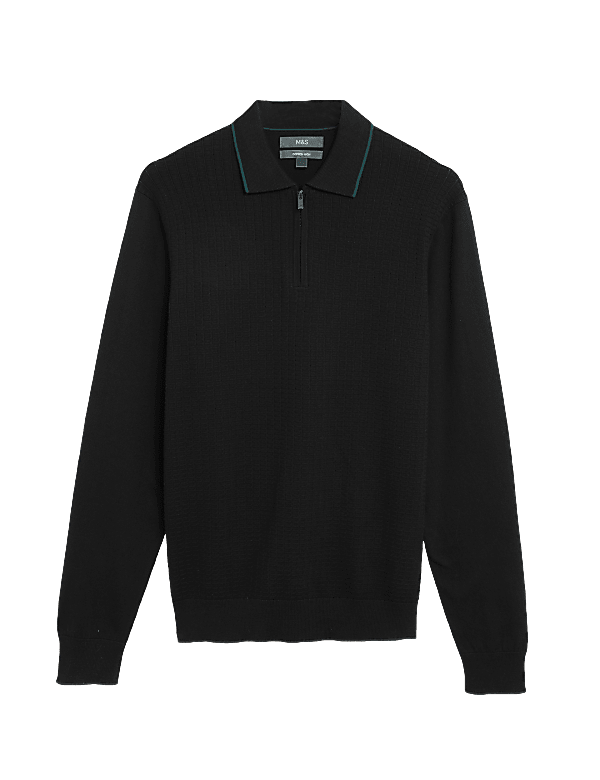Cotton Textured Zip Neck Knitted Polo Shirt