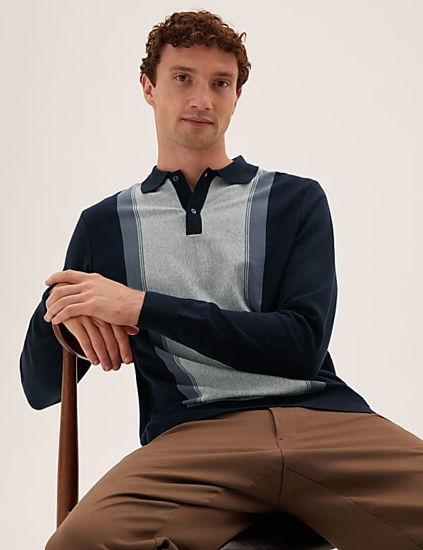 Cotton Rich Block Stripe Knitted Polo Shirt