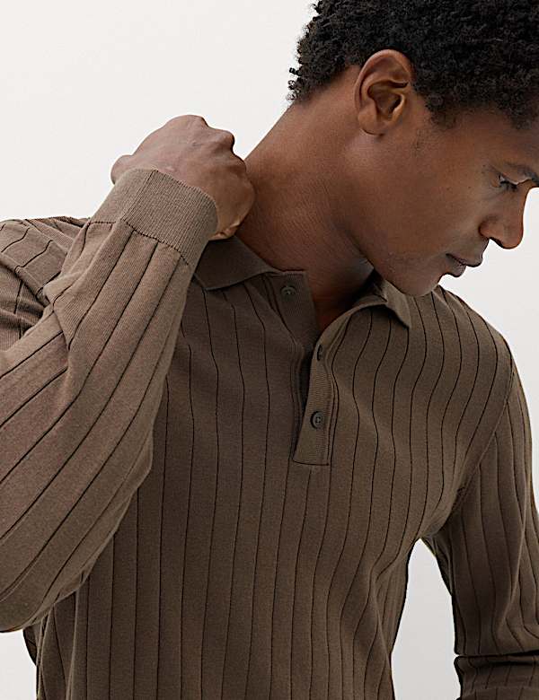 Geripptes Strick-Poloshirt aus Baumwollmischgewebe - AT