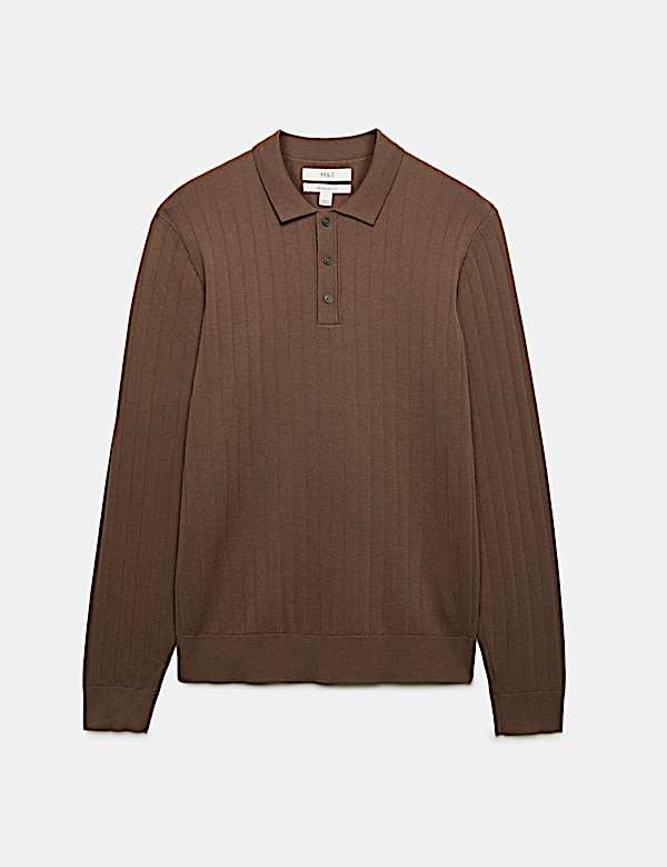 Geripptes Strick-Poloshirt aus Baumwollmischgewebe - AT