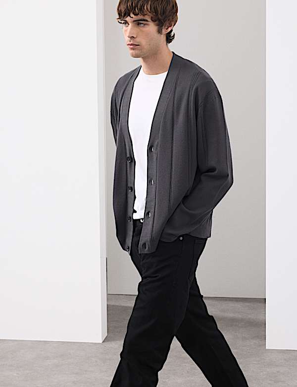 Relaxed Fit Vertical Stitch Knit Cardigan - US