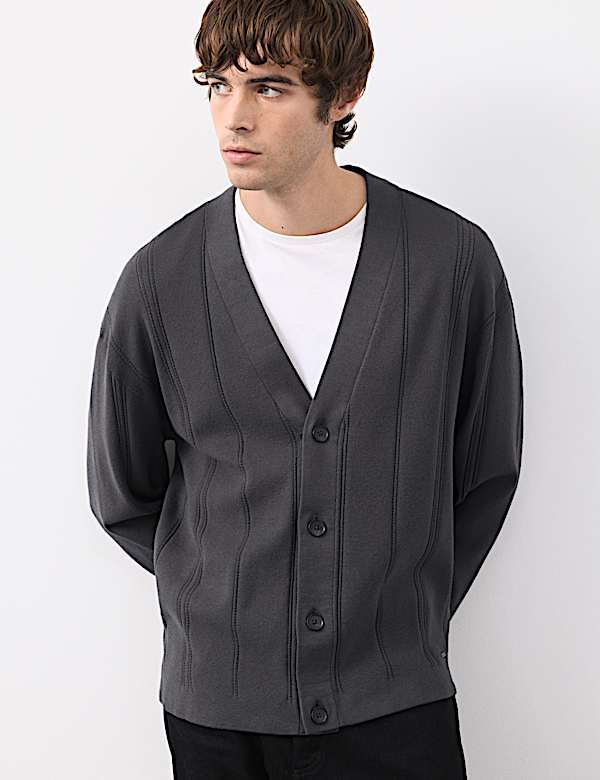 Relaxed Fit Vertical Stitch Knit Cardigan - LU