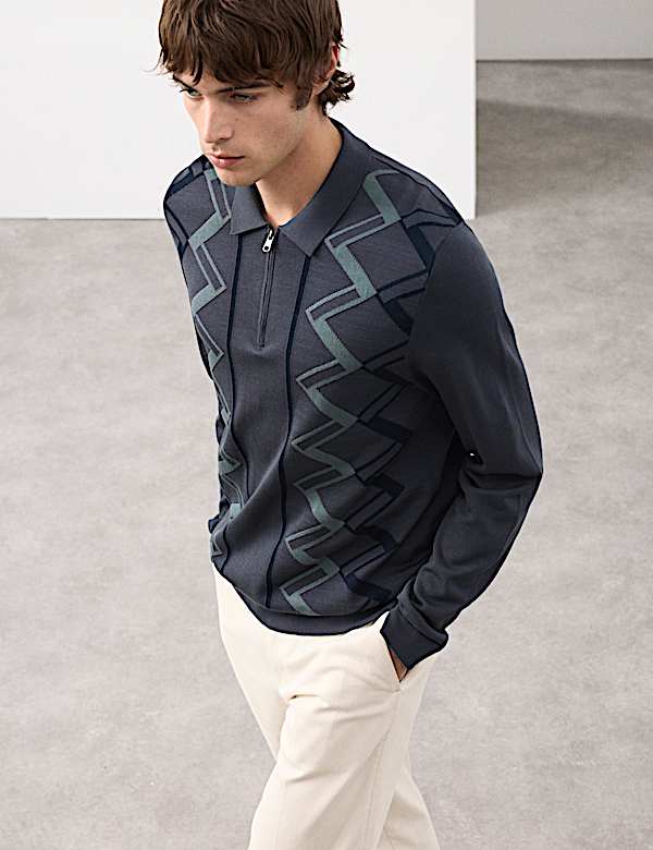 Mercerised Cotton Geometric Knitted Polo Shirt - AT