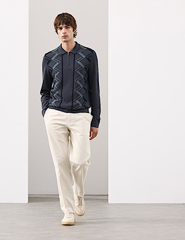 חולצת פולו סרוגה מכותנה ממורצרת עם דוגמה גיאומטרית - IL