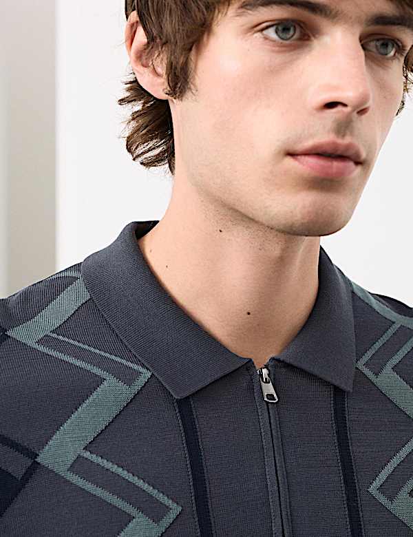 חולצת פולו סרוגה מכותנה ממורצרת עם דוגמה גיאומטרית - IL