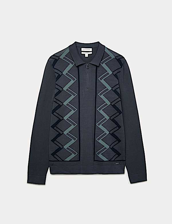 חולצת פולו סרוגה מכותנה ממורצרת עם דוגמה גיאומטרית - IL