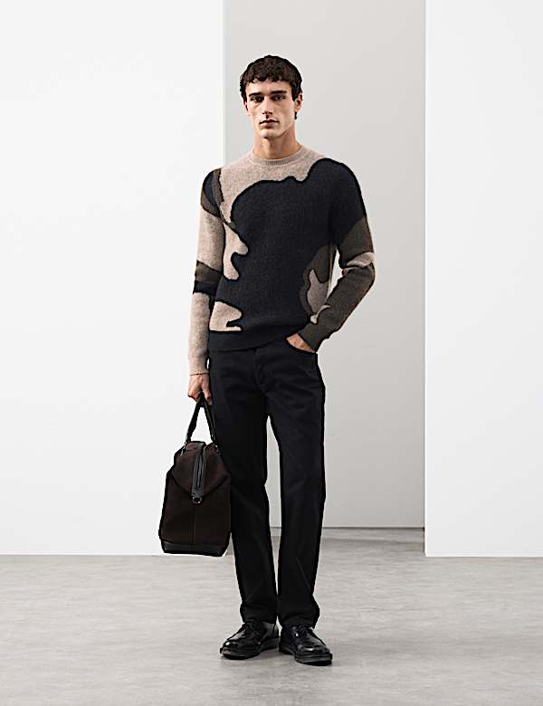 סוודר בהדפס מחוטים עשירים בצמר מרינו בשילוב מוהר - IL