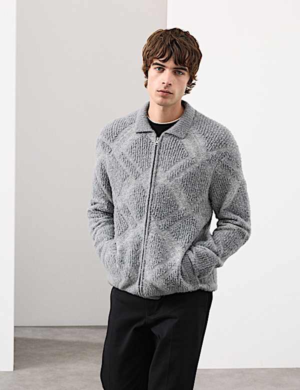 ז'קט בוקלה מבד עשיר בצמר מרינו עם רוכסן - IL