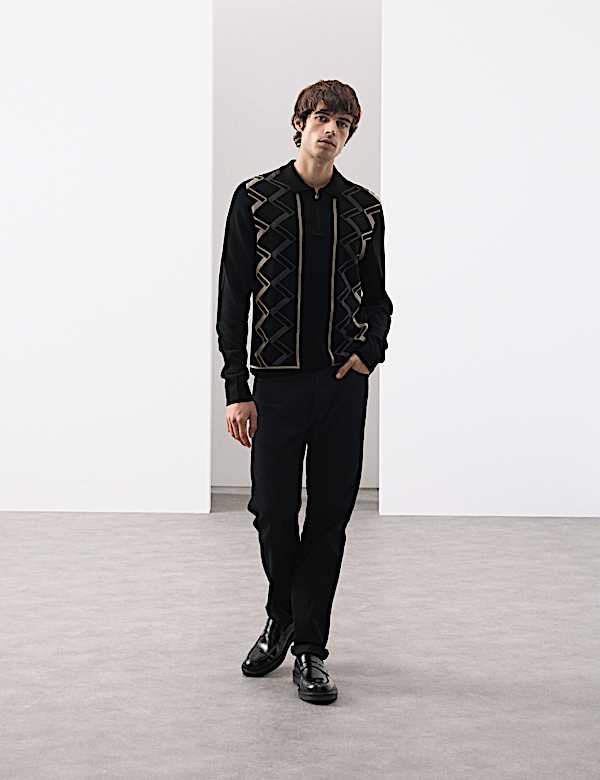 חולצת פולו סרוגה מכותנה טהורה ממורצרת עם רוכסן חלקי - IL